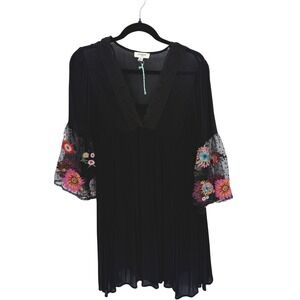 Umgee Black Boho Mini Dress Floral Embroidered Mesh Bell Sleeve Crochet V-Neck S